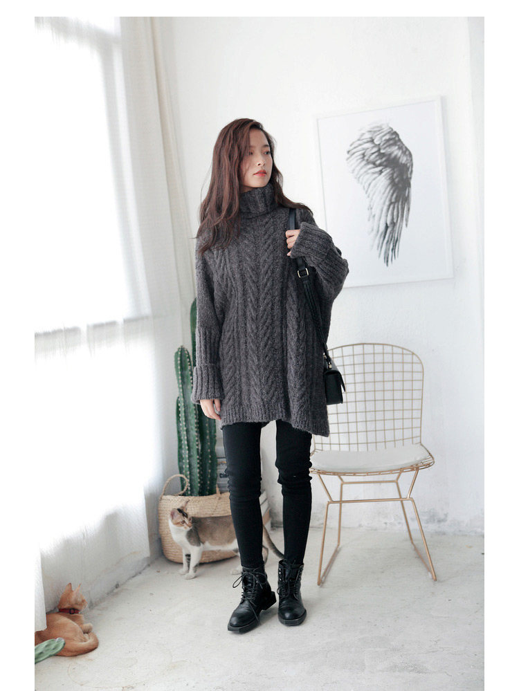 Fashion Dark Gray Braided Shape Decorated Turtleneck Sweater,Sweater