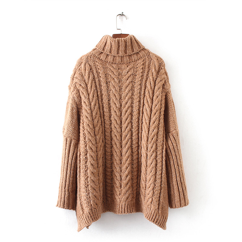 Fashion Khaki Braided Shape Decorated Turtleneck Sweater,Sweater
