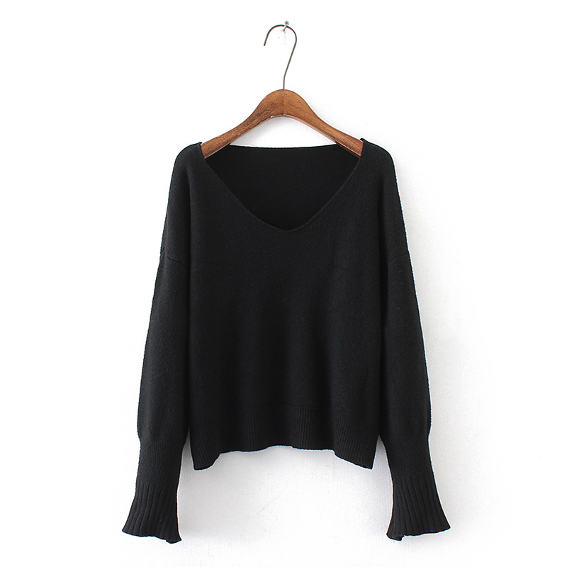 Fashion Black Stitching Design Pure Color Sweater,Sweater