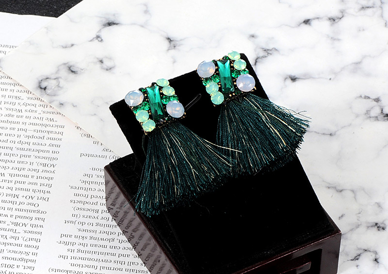 Fashion Dark Green Geometric Shape Diamond Decorated Tassel Earrings,Drop Earrings