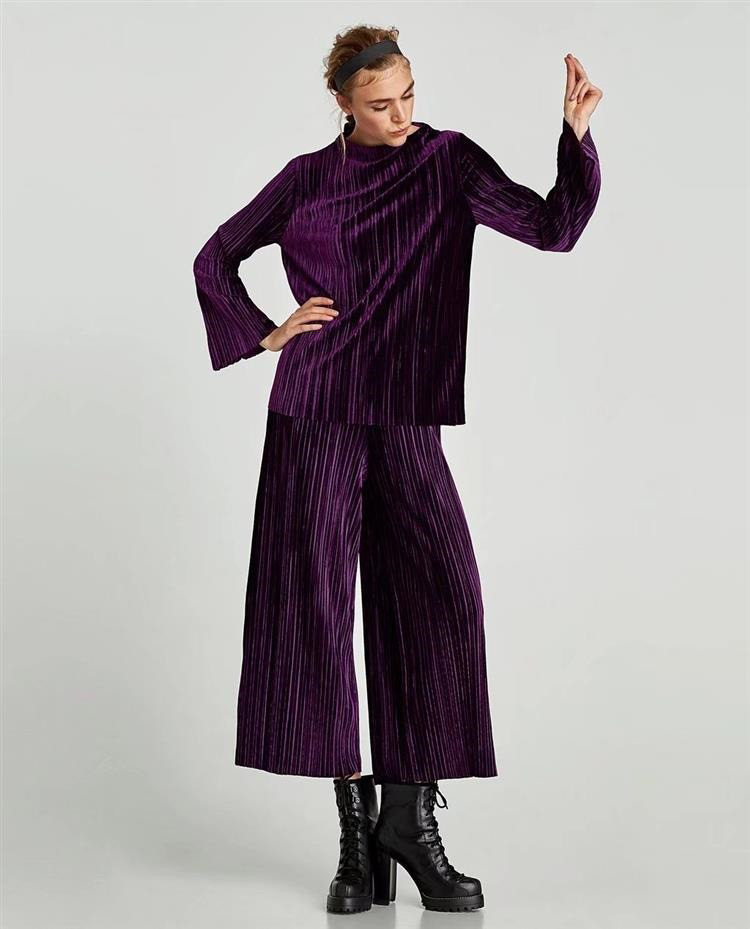 Elegant Purple Pure Color Decorated Wide-leg Trousers,Pants