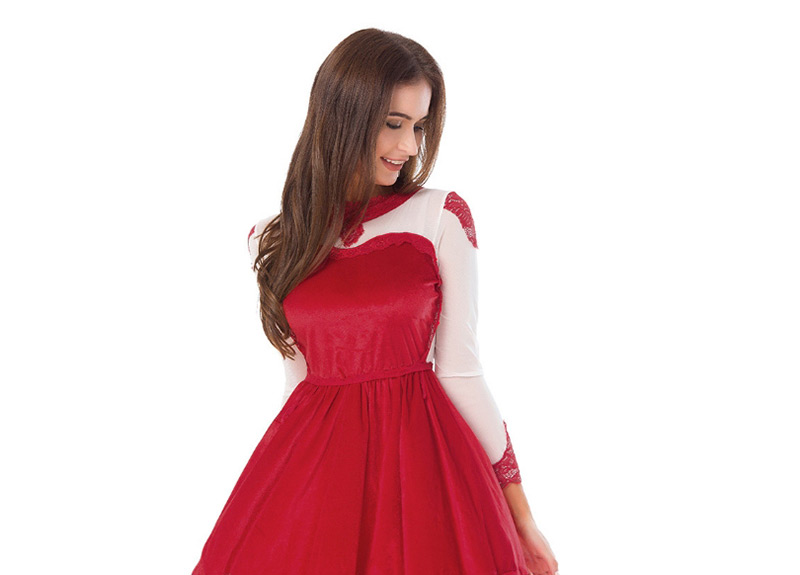 Fashion Red Lace Decorated Long Sleeves Dress,Mini & Short Dresses