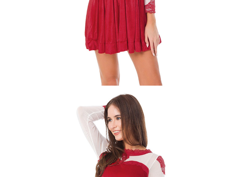 Fashion Red Lace Decorated Long Sleeves Dress,Mini & Short Dresses