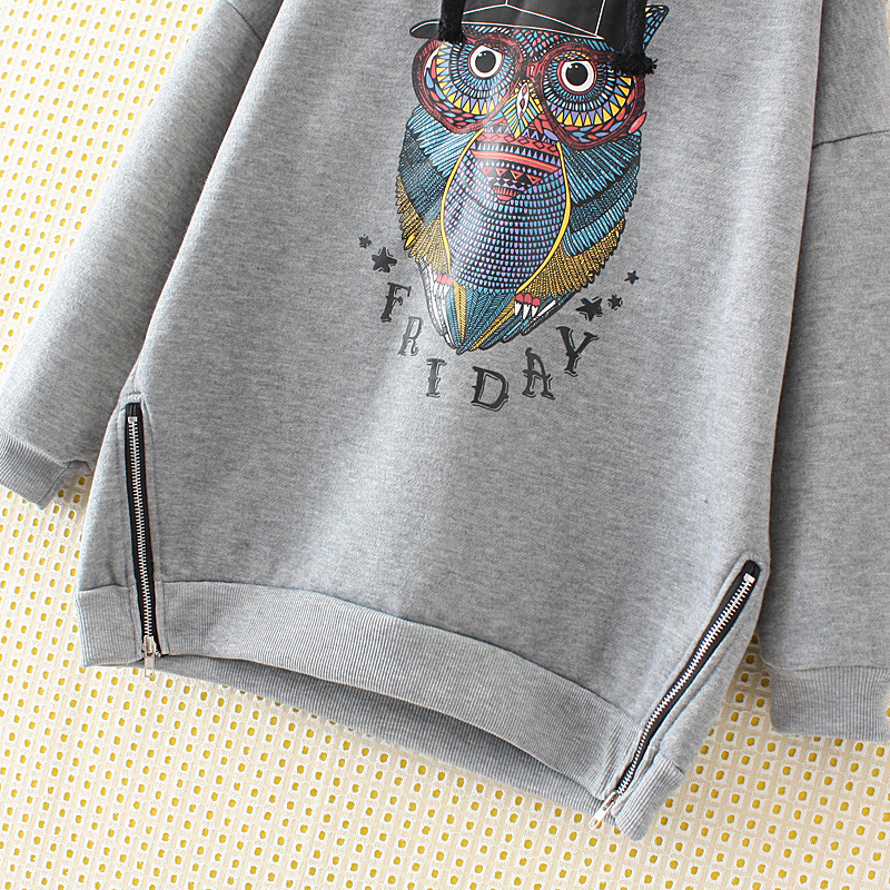 Fashion Gray Owl Pattern Decorated Hoodie,Plus Size