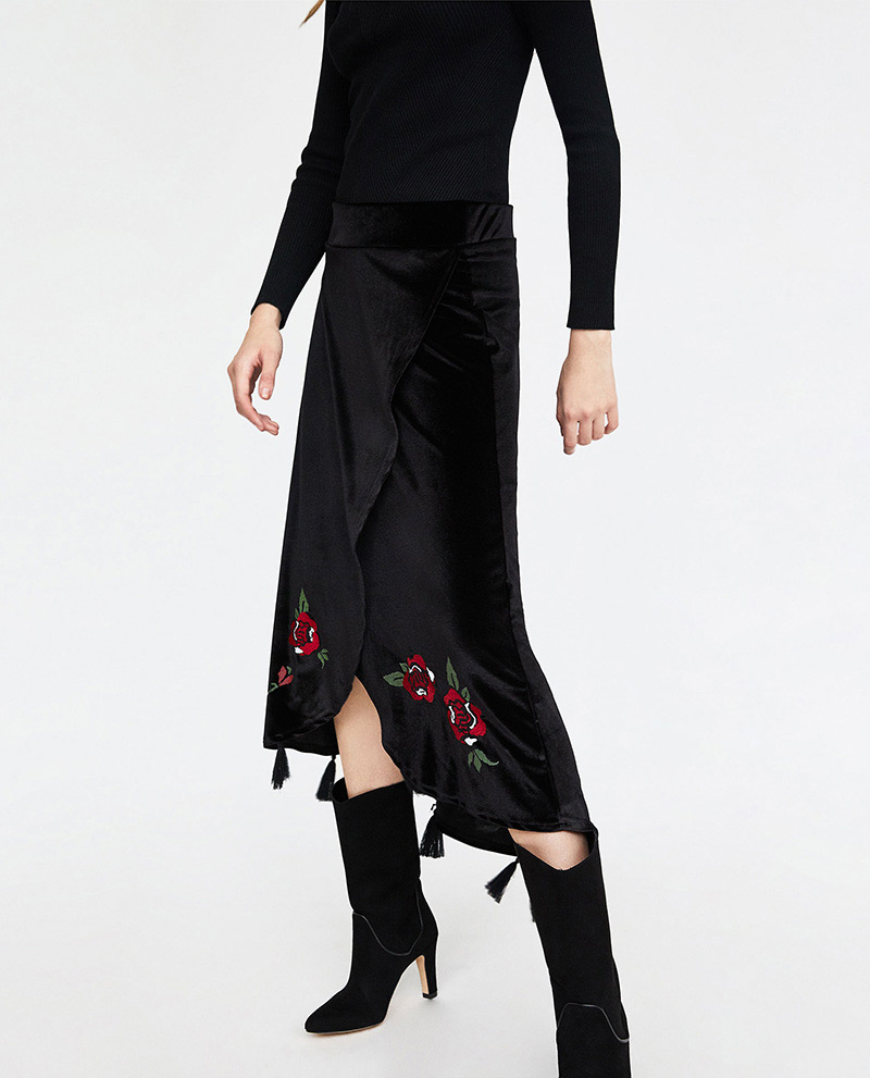 Fashion Black Flower Pattern Decorated Skirt,Skirts