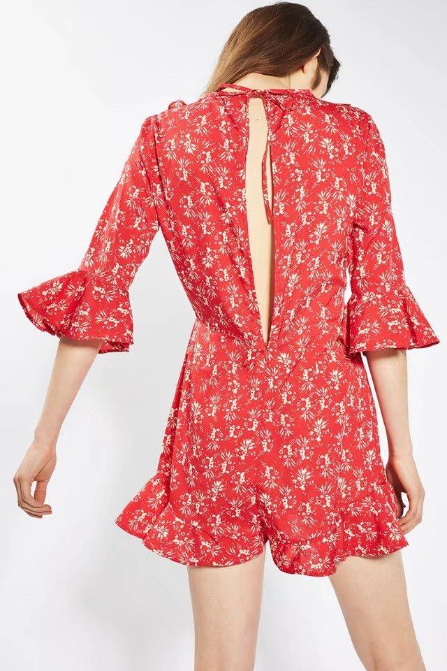 Fashion Red Flower Pattern Decorated Dress,Pants
