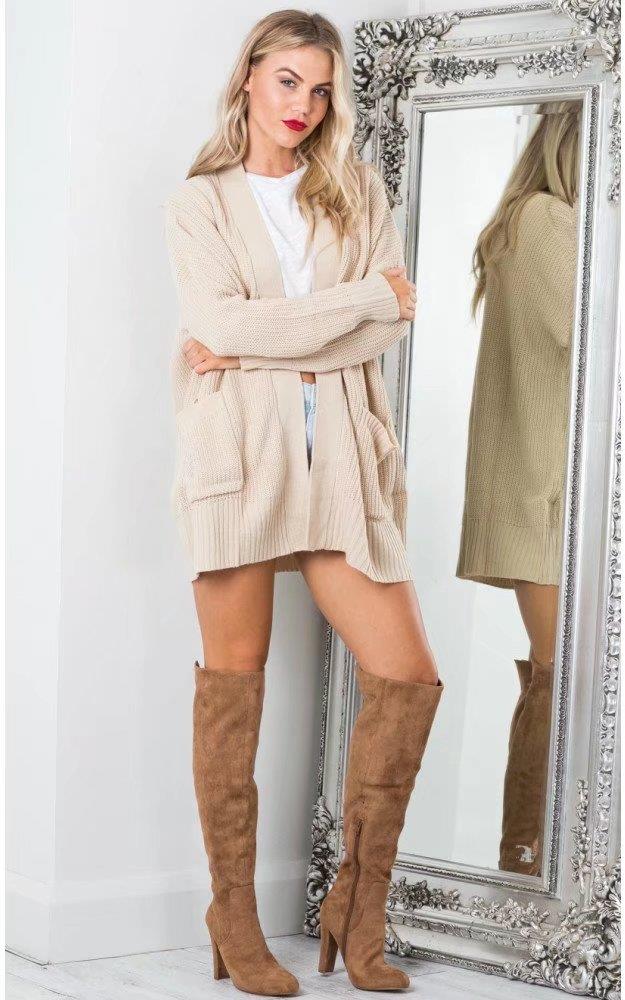 Fashion Beige Pure Color Decorated Coat,Sweater