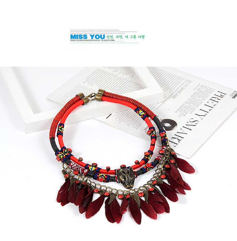 Fashion Claret Red Feather Decorated Necklace,Multi Strand Necklaces