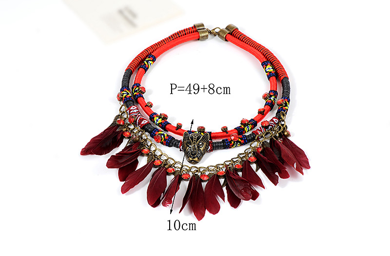 Fashion Claret Red Feather Decorated Necklace,Multi Strand Necklaces