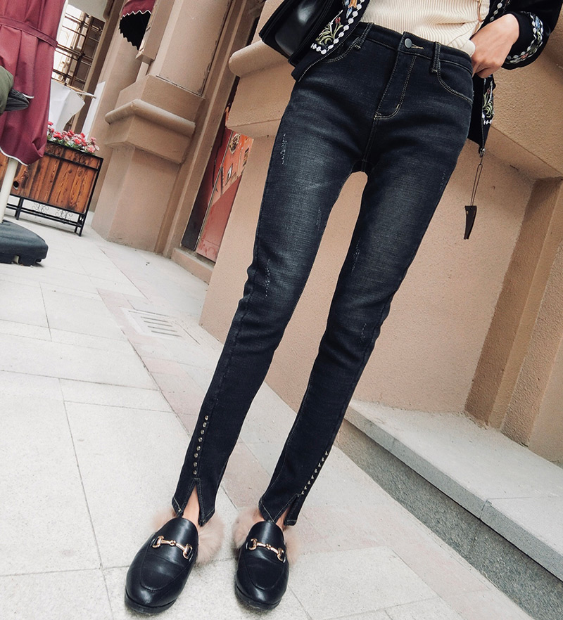 Trendy Black Rivet Decorated Jeans,Pants
