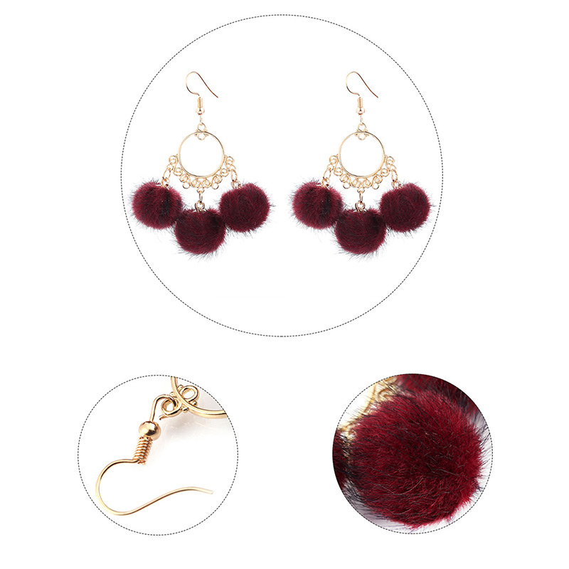 Fashion Claret Red Pom Ball Decorated Earrings,Drop Earrings