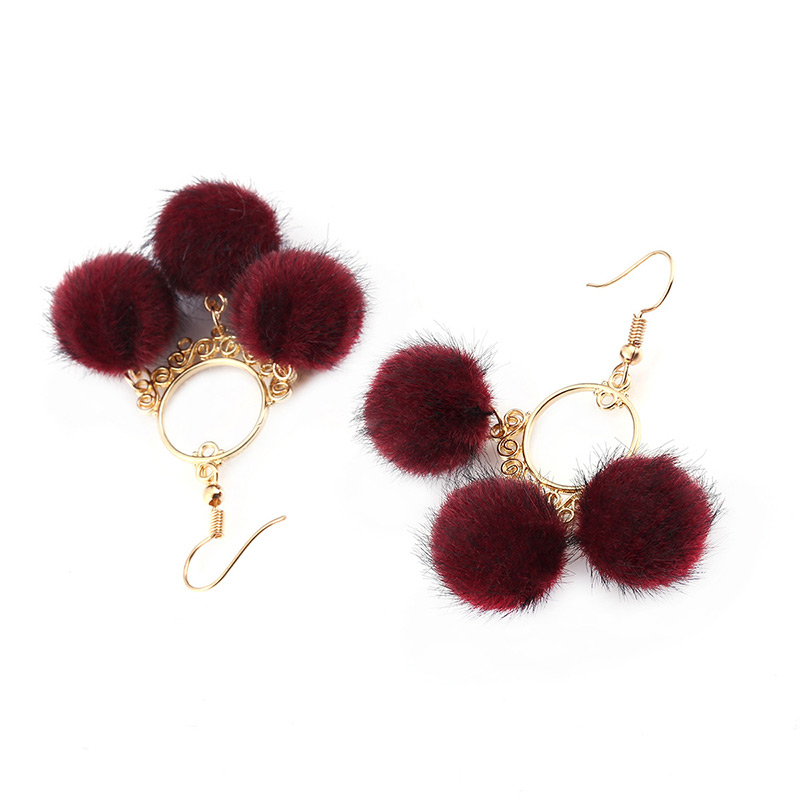 Fashion Claret Red Pom Ball Decorated Earrings,Drop Earrings