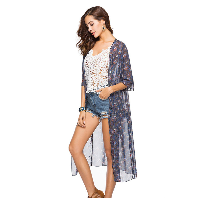 Fashion Navy Feather Pattern Decorated Smock,Sunscreen Shirts