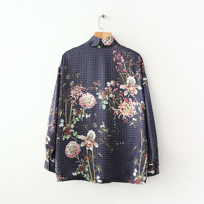 Fashion Navy Flower Pattern Decorated Smock,Sunscreen Shirts