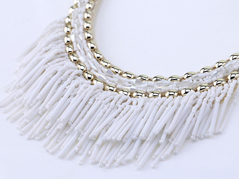 Vintage Beige Beads Decorated Tassel Design Necklace,Beaded Necklaces