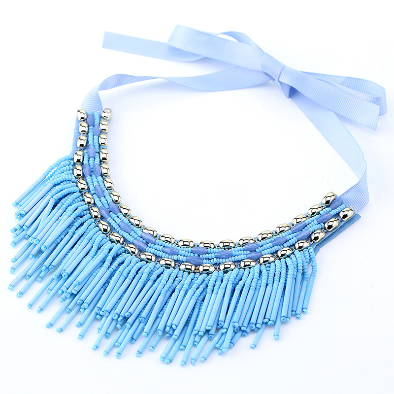 Vintage Beige Beads Decorated Tassel Design Necklace,Beaded Necklaces