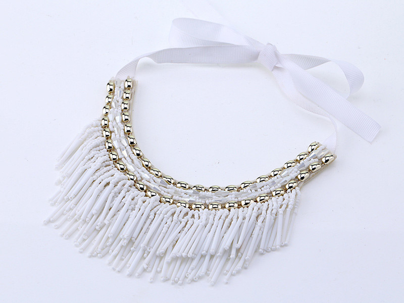 Vintage White Beads Decorated Tassel Design Necklace,Beaded Necklaces