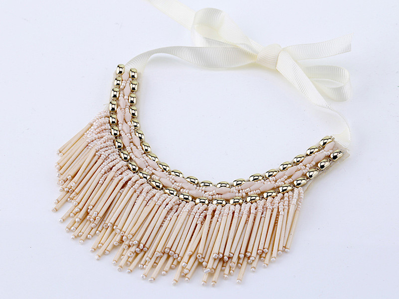 Vintage White Beads Decorated Tassel Design Necklace,Beaded Necklaces