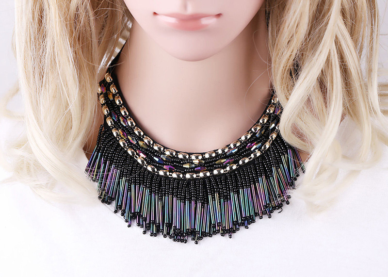 Vintage Black Beads Decorated Tassel Design Necklace,Beaded Necklaces