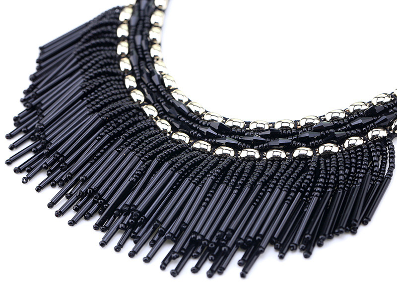 Vintage Black Beads Decorated Tassel Design Necklace,Beaded Necklaces