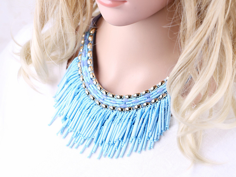 Vintage Blue Tassel Design Pure Color Beads Necklace,Beaded Necklaces
