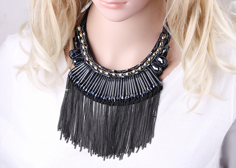 Vintage Black Long Tassel Decorated Simple Necklace,Beaded Necklaces