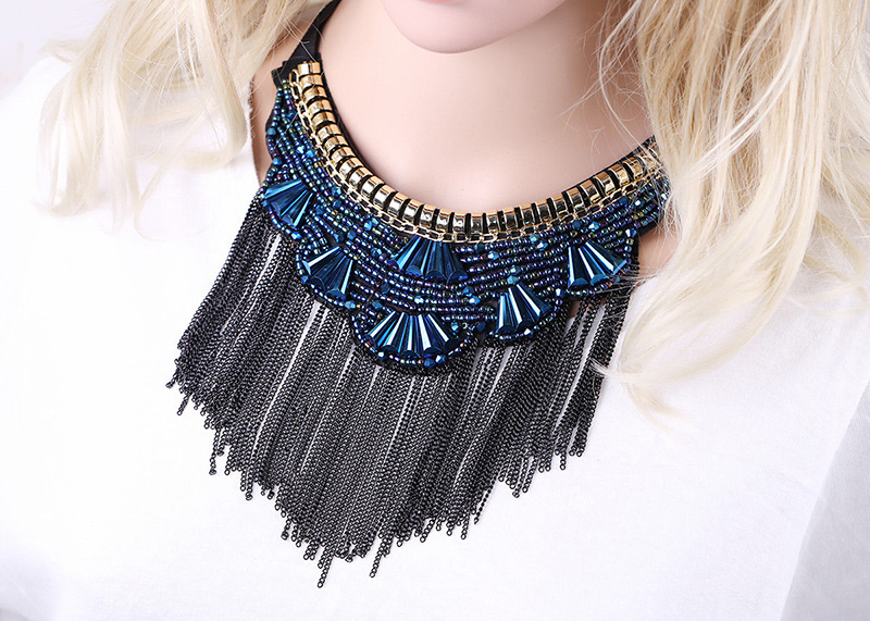 Vintage Sapphire Blue Long Tassel Decorated Simple Necklace,Beaded Necklaces
