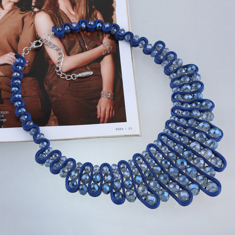 Vintage Blue Oval Shape Diamond Decorated Hand-woven Necklace,Beaded Necklaces