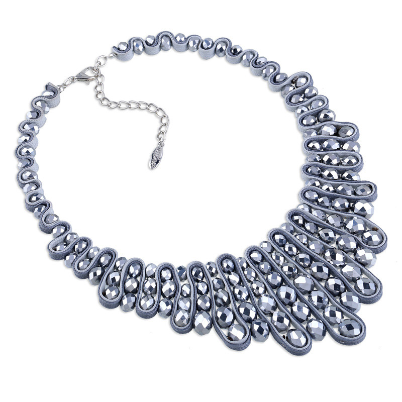 Vintage Silver Color Oval Shape Diamond Decorated Hand-woven Necklace,Beaded Necklaces