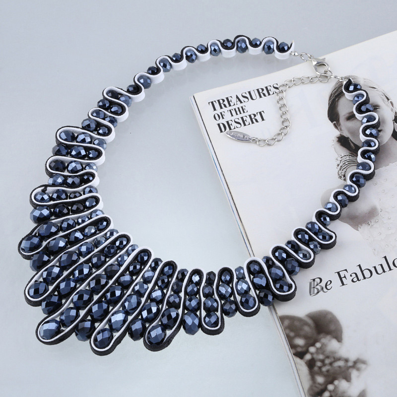Vintage Sapphire Blue Oval Shape Diamond Decorated Hand-woven Necklace,Beaded Necklaces