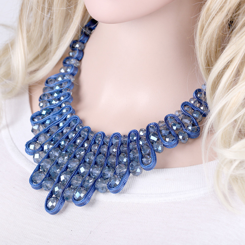 Vintage Sapphire Blue Oval Shape Diamond Decorated Hand-woven Necklace,Beaded Necklaces