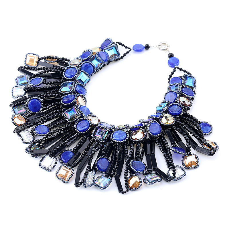 Vintage Sapphire Blue Geometric Shape Diamond Decorated Necklace,Beaded Necklaces