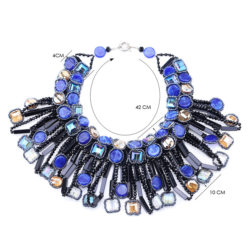 Vintage Sapphire Blue Geometric Shape Diamond Decorated Necklace,Beaded Necklaces