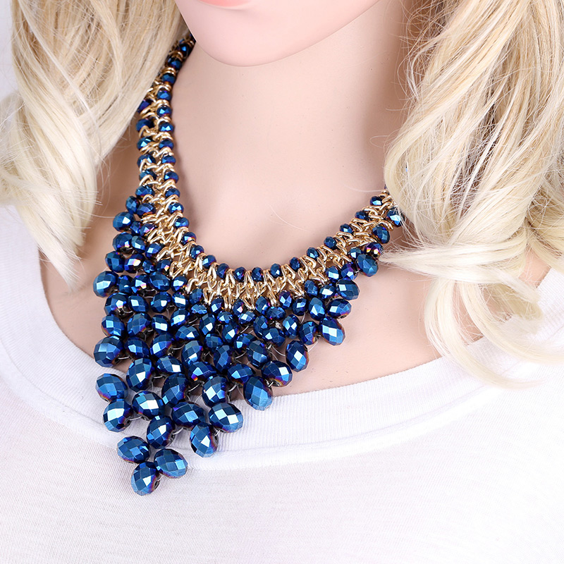 Vintage Sapphire Blue V Shape Design Pure Color Necklace,Beaded Necklaces