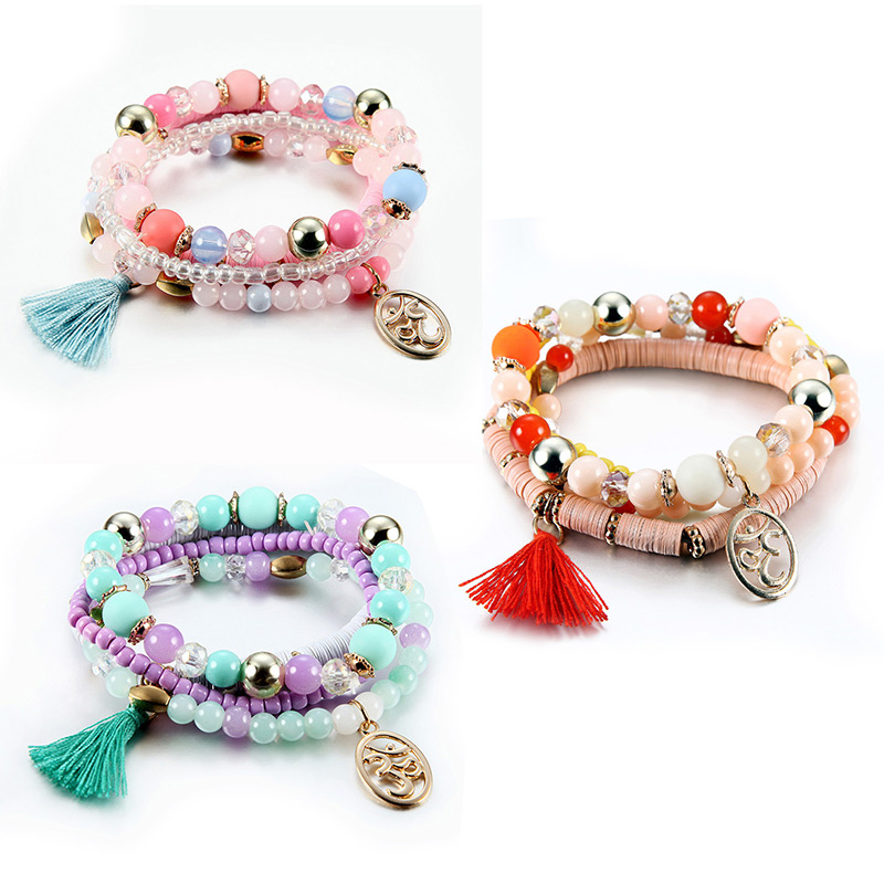Vintage Pink Circular Ring&tassel Decorated Beads Bracelet,Fashion Bracelets