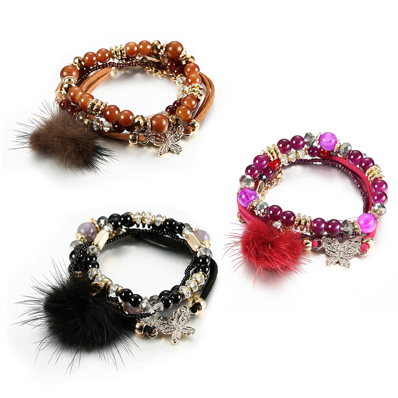 Vintage Multi-color Butterfly Decorated Multi-layer Pom Bracelet,Fashion Bracelets