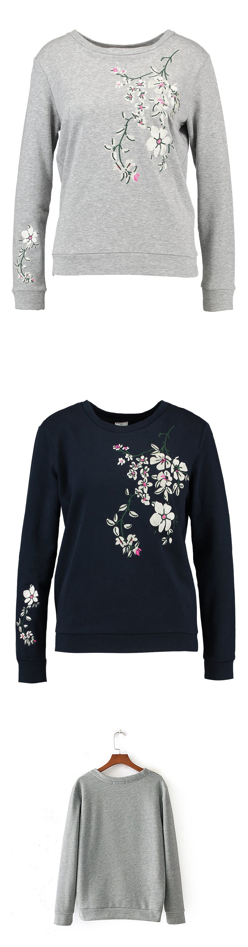 Fashion Navy Embroidery Flower Decorated Round Neckline Hoodie,Tank Tops & Camis