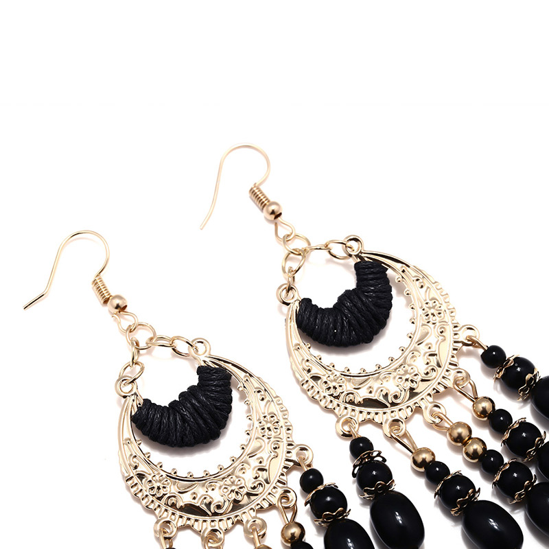 Fashion Black+gold Color Beads Pendant Decorated Tassel Earrings,Drop Earrings