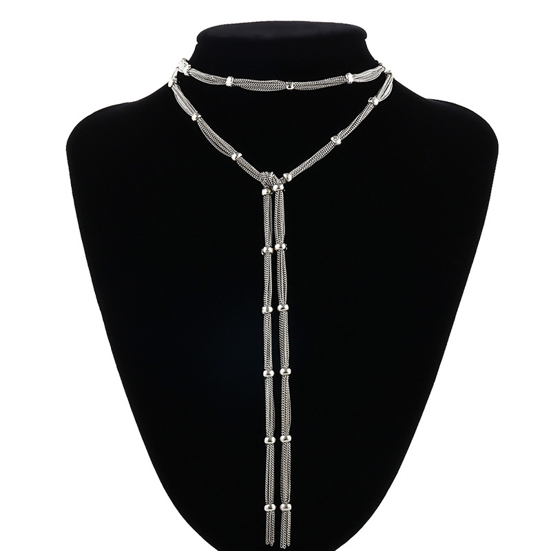Fashion Silver Color Long Tassel Decorated Pure Color Necklace,Multi Strand Necklaces