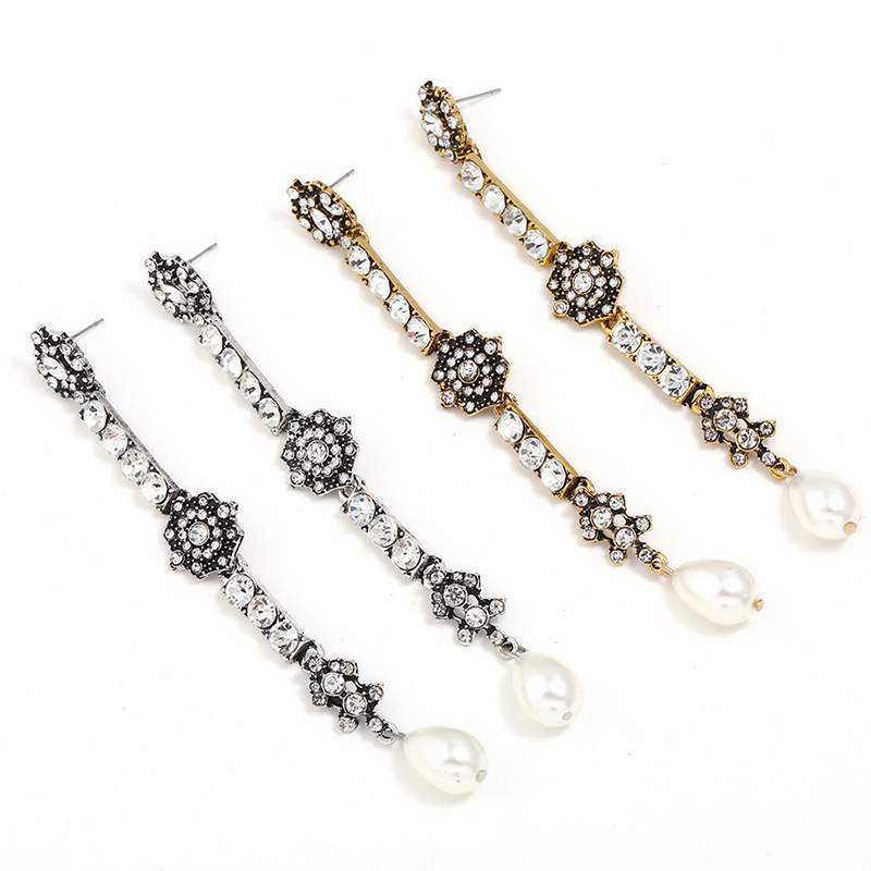 Fashion Antique Gold Diamond&pearl Decorated Long Earrings,Drop Earrings