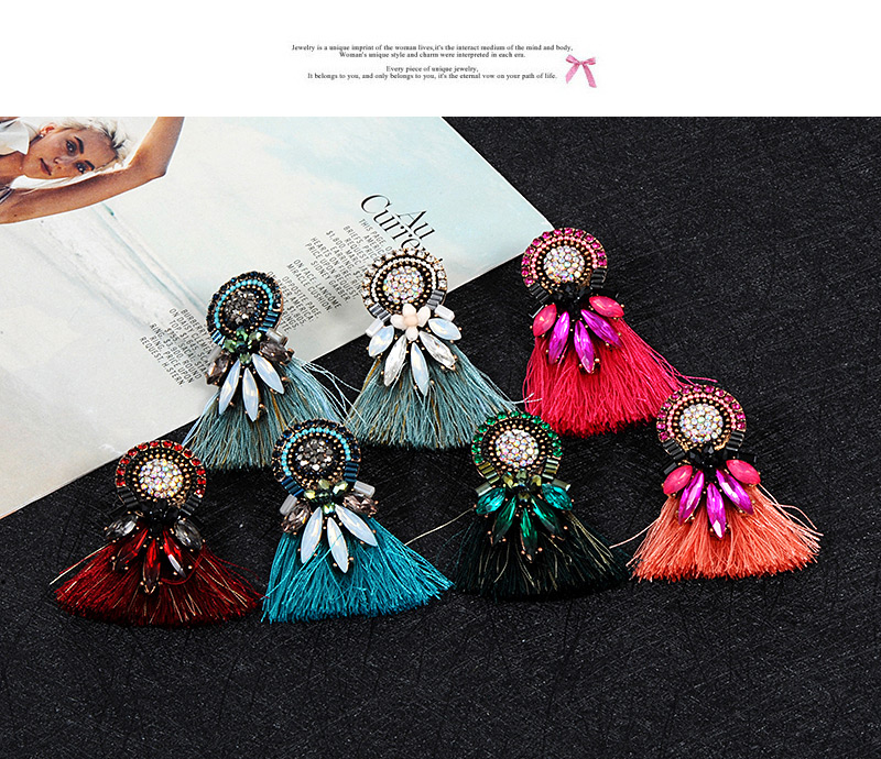 Fashion Plum Red Diamond Decorated Tassel Earrings,Stud Earrings