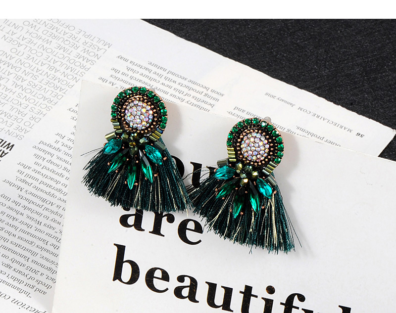 Fashion Dark Green Diamond Decorated Tassel Earrings,Stud Earrings