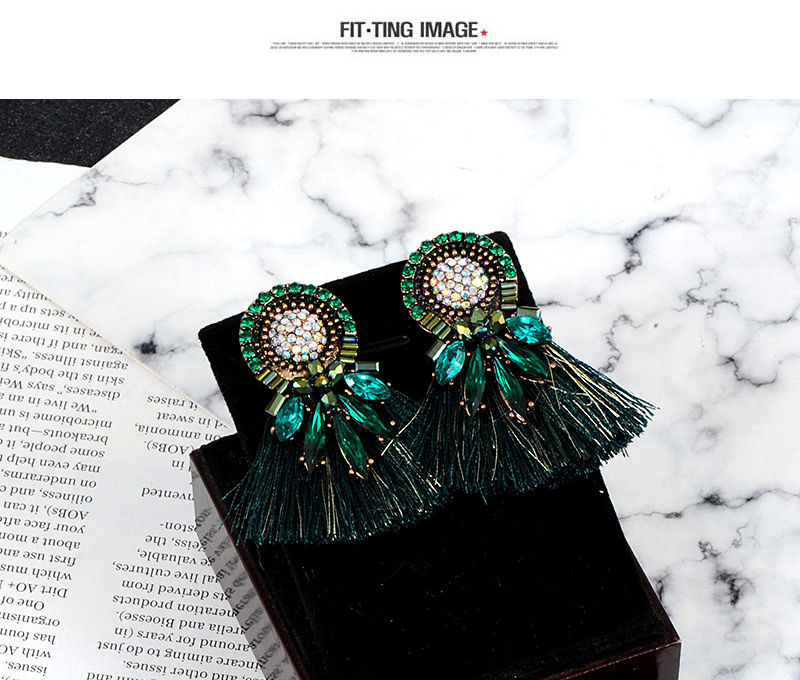 Fashion Dark Green Diamond Decorated Tassel Earrings,Stud Earrings