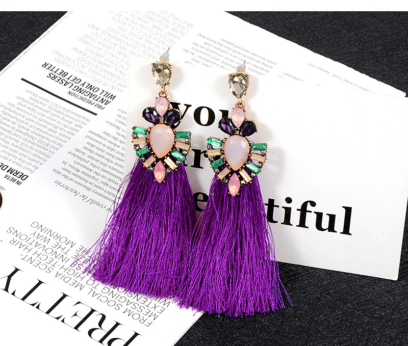 Fashion Purple Geometric Shape Diamond Decorated Tassel Earrings,Drop Earrings