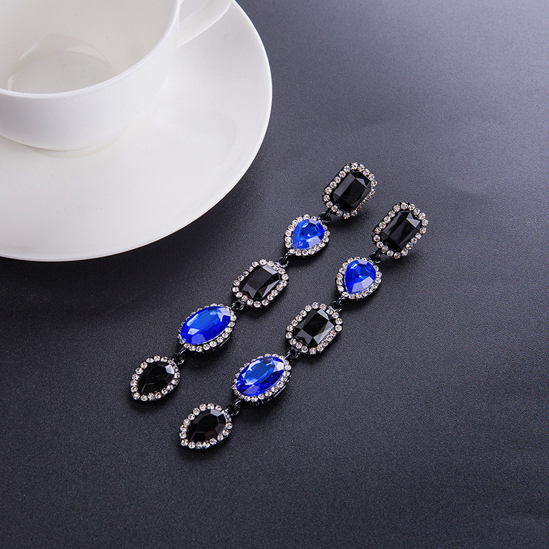 Trendy Blue Gemstone Decorated Long Earrings,Drop Earrings