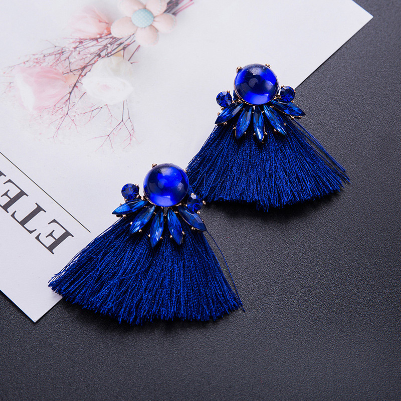 Personality Dark Blue Diamond Decorated Tassel Earrings,Stud Earrings
