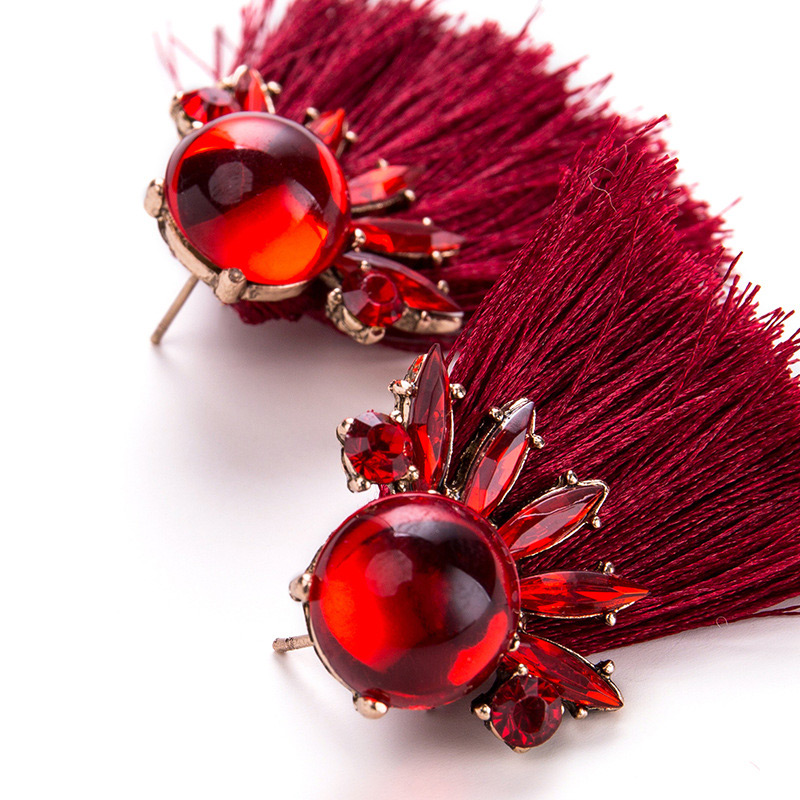Trendy Red Diamond Decorated Tassel Earrings,Stud Earrings