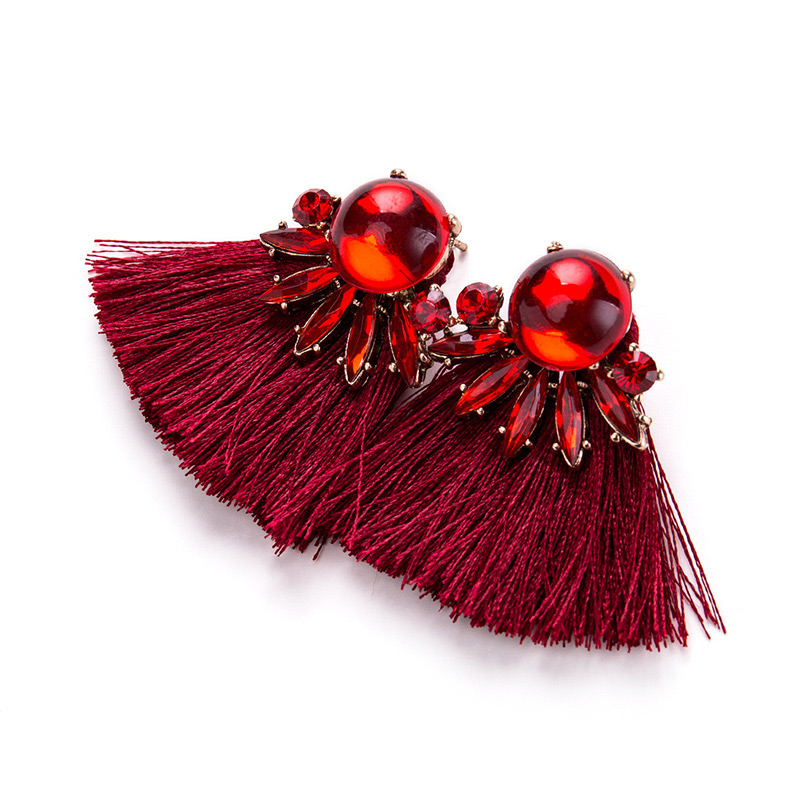 Trendy Red Diamond Decorated Tassel Earrings,Stud Earrings