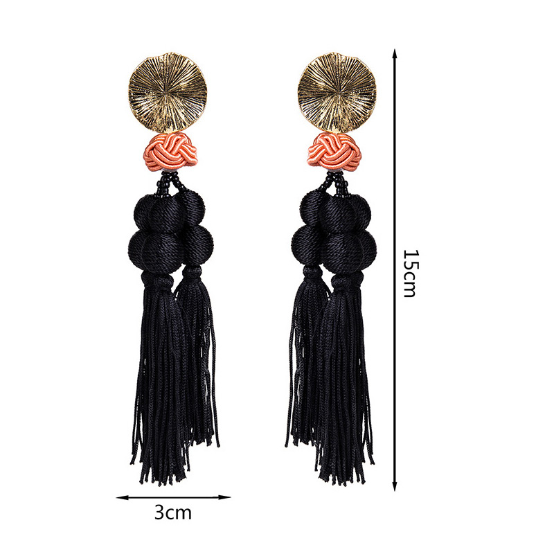 Trendy Black Balls Shape Decorated Long Tassel,Drop Earrings