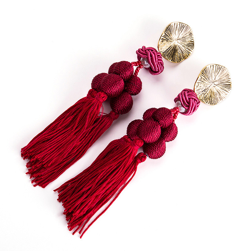 Trendy Red Balls Shape Decorated Long Tassel,Drop Earrings